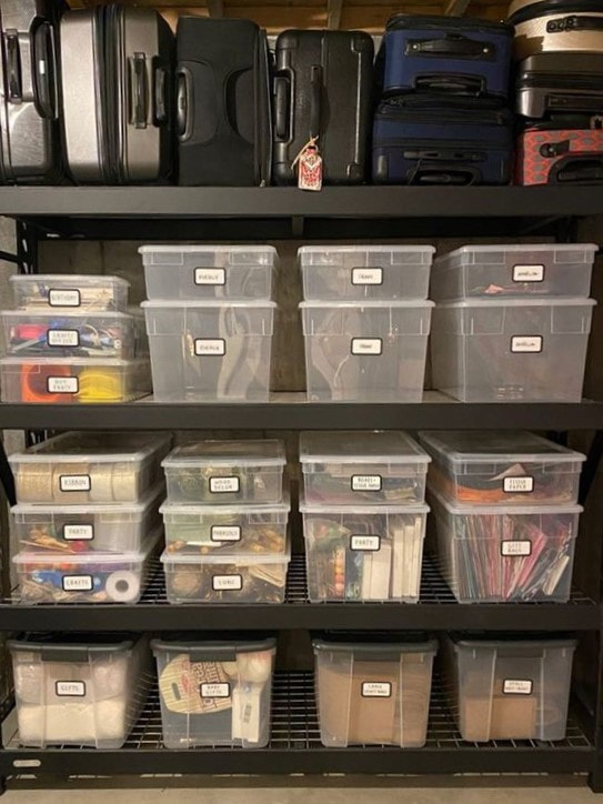 Picture of clear garage bins on shelf